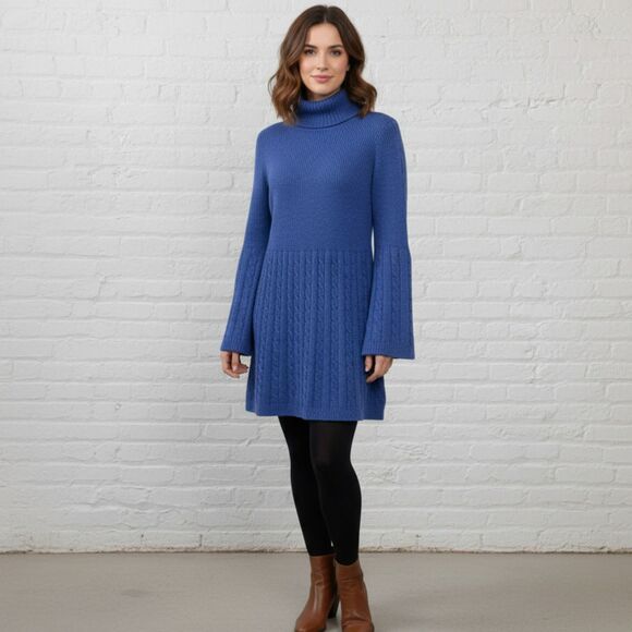 Soft Surroundings Michelle Sweater Dress M Turtleneck Cable Knit Blue Tunic - Picture 1 of 14